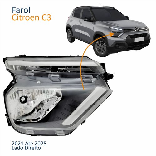 Farol Principal Citroen C3 2021 2022 2023 2024 2025 Sem Led Drl Lado Direito Passageiro