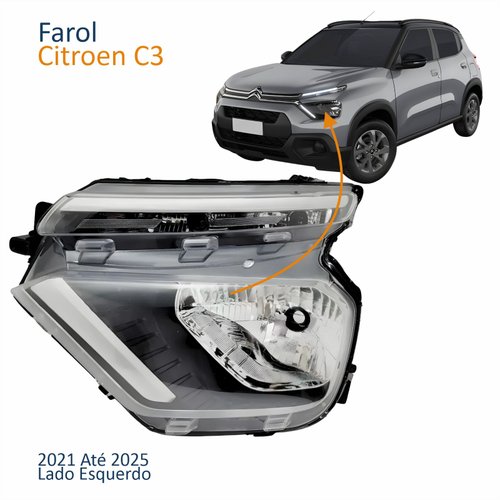 Farol Principal Citroen C3 2021 2022 2023 2024 2025 Sem Led Drl Lado Esquerdo Motorista