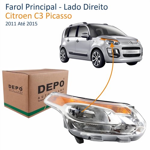 Farol Citroen C3 Picasso 2011 Até 2015 Cromado Depo Lado Direito Passageiro