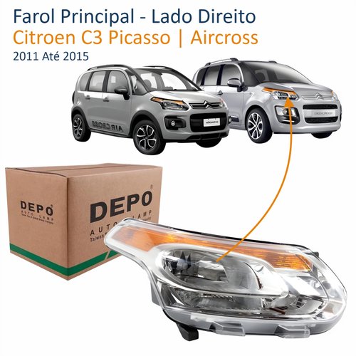 Farol Citroen C3 Picasso Aircross 2011 Até 2015 Cromado Depo Lado Direito Passageiro