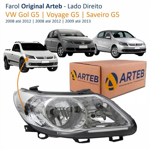 Farol Dianteiro VW Gol Voyage G5 2008 Até 2012 Saveiro G5 2009 Até 2013 Original Arteb Foco Duplo Máscara Cromomix Lado Direito Passageiro