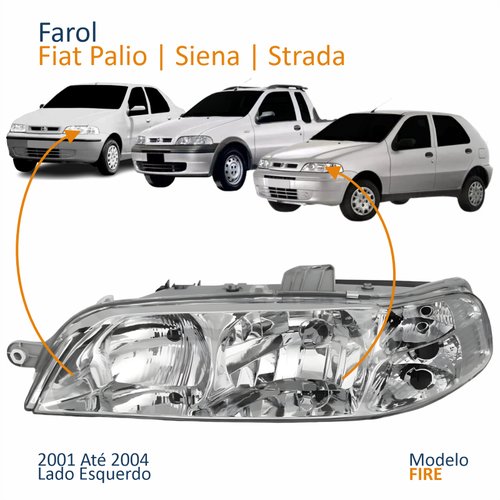 Farol Principal Fiat Palio Siena Strada Fire 2001 2002 2003 2004 Carcaça Cinza Lado Esquerdo Motorista
