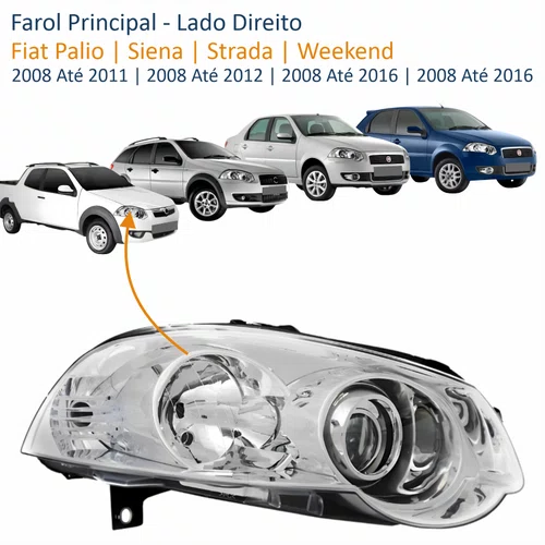 Farol Fiat Palio 2008 Até 2011 Siena 2008 Até 2012 Strada Weekend 2008 Até 2016 Máscara Cromada Com Anel Cromado Lado Direito Passageiro