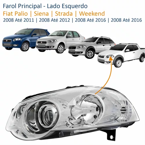 Farol Fiat Palio 2008 Até 2011 Siena 2008 Até 2012 Strada Weekend 2008 Até 2016 Máscara Cromada Com Anel Cromado Lado Esquerdo Motorista
