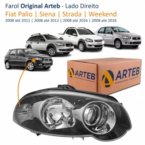 Farol Fiat Palio 2008 2009 2010 2011 Siena 2008 2009 2010 2011 2012 Strada Weekend 2008 2009 2010 2011 2012 2013 2014 2015 2016 Original Foco Duplo Máscara Negra Com Anel Cromado Lado Direito Passageiro