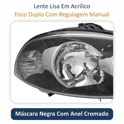 Farol Fiat Palio 2008 2009 2010 2011 Siena 2008 2009 2010 2011 2012 Strada Weekend 2008 2009 2010 2011 2012 2013 2014 2015 2016 Original Foco Duplo Máscara Negra Com Anel Cromado Lado Direito Passageiro