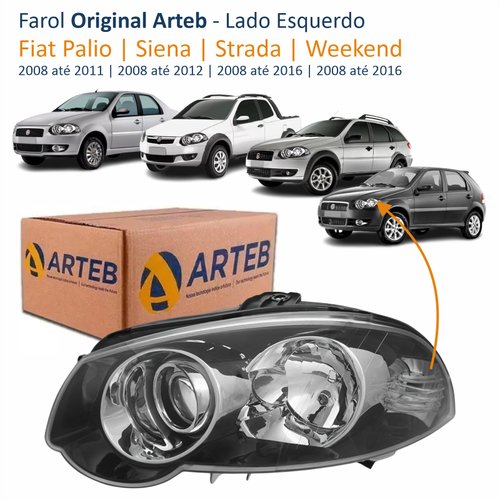 Farol Fiat Palio 2008 Até 2011 Siena 2008 Até 2012 Strada Weekend 2008 Até 2016 Original Arteb Foco Duplo Máscara Negra com Anel Cromado Lado Esquerdo Motorista