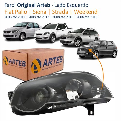 Farol Fiat Palio 2008 Até 2011 Siena 2008 Até 2012 Strada Weekend 2008 Até 2016 Original Arteb Foco Duplo Máscara Negra com Anel Preto Lado Esquerdo Motorista
