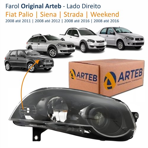 Farol Fiat Palio 2008 Até 2011 Siena 2008 Até 2012 Strada Weekend 2008 Até 2016 Original Arteb Foco Duplo Máscara Negra com Anel Preto Lado Direito Passageiro