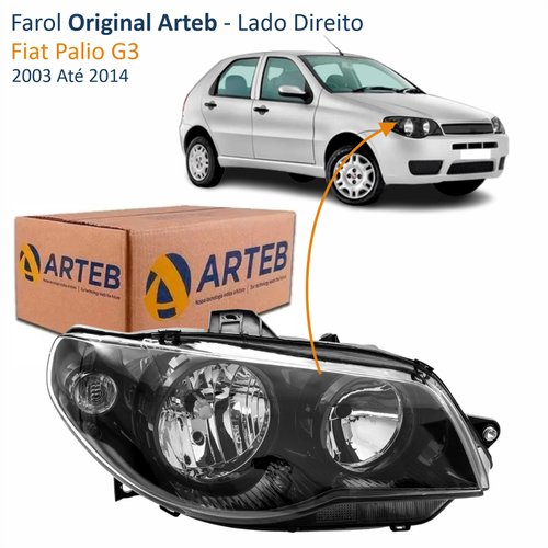 Farol Fiat Palio G3 2003 Até 2014 Original Arteb Máscara Negra Canhão Preto Foco Duplo Lado Direito Passageiro