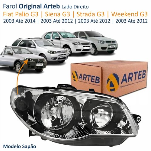 Farol Fiat Palio G3 2003 Até 2014 Siena Strada Weekend G3 2003 Até 2012 Original Arteb Máscara Cromada Com Aro Negro Foco Duplo Lado Direito Passageiro