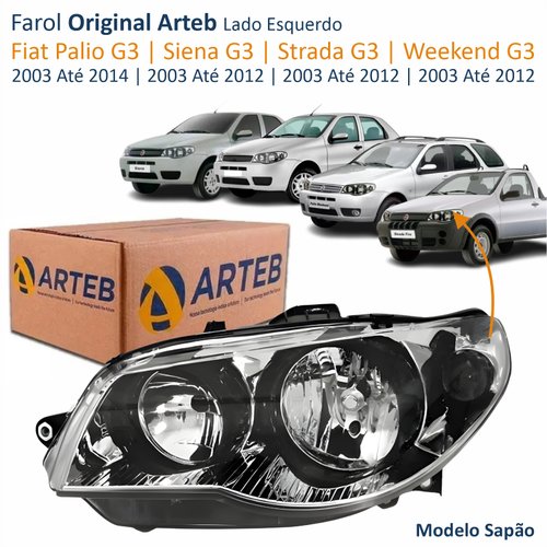 Farol Fiat Palio G3 2003 Até 2014 Siena Strada Weekend G3 2003 Até 2012 Original Arteb Máscara Cromada Com Aro Negro Foco Duplo Lado Esquerdo Motorista