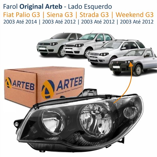 Farol Fiat Palio G3 2003 Até 2014 Siena Strada Weekend G3 2003 Até 2012 Original Arteb Máscara Negra Canhão Preto Foco Duplo Lado Esquerdo Motorista