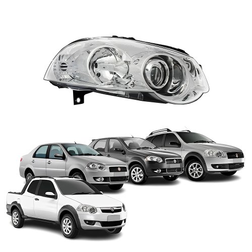 Farol Fiat Palio G4 2008 Até 2011 Siena G4 2008 Até 2012 Palio Weekend G4 2008 Até 2016 Strada G4 2008 Até 2016 Foco Duplo Máscara Cromada com Anel Cromado Lado Direito Passageiro