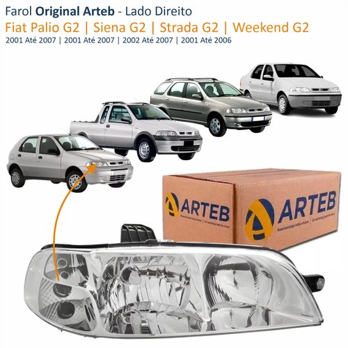 Farol Fiat Palio Siena G2 2001 Até 2007 Strada G2 2002 Até 2007 Weekend G2 2001 Até 2006 Original Arteb Foco Duplo Carcaça Preta Lado Direito Passageiro