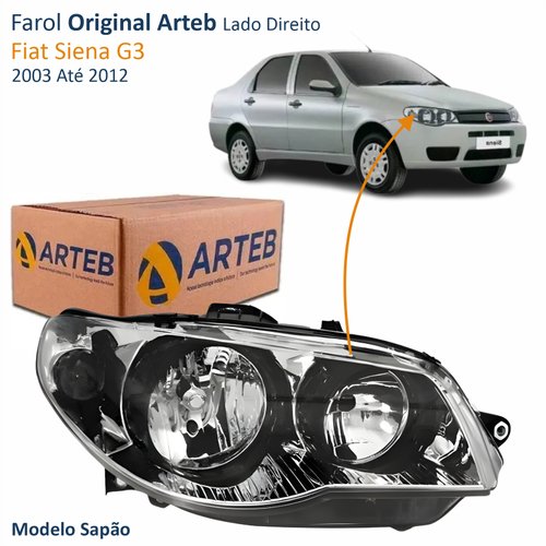 Farol Fiat Siena G3 2003 Até 2012 Original Arteb Máscara Cromada Com Aro Negro Foco Duplo Lado Direito Passageiro