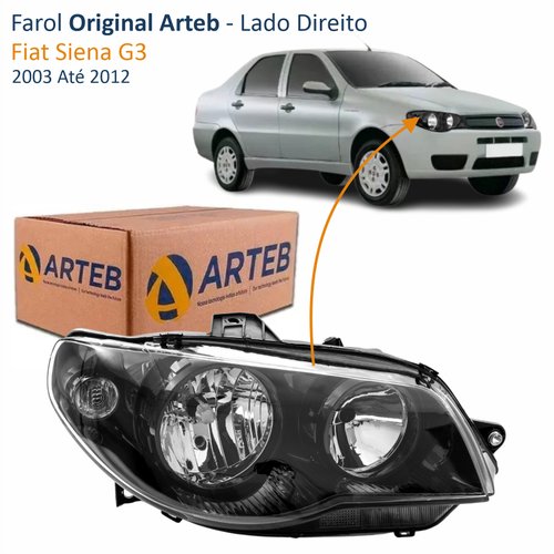 Farol Fiat Siena G3 2003 Até 2012 Original Arteb Máscara Negra Canhão Preto Foco Duplo Lado Direito Passageiro