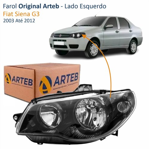 Farol Fiat Siena G3 2003 Até 2012 Original Arteb Máscara Negra Canhão Preto Foco Duplo Lado Esquerdo Motorista