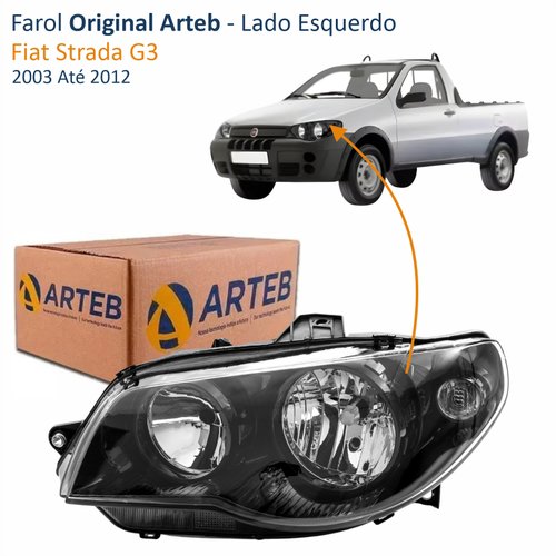 Farol Fiat Strada G3 2003 Até 2012 Original Arteb Máscara Negra Canhão Preto Foco Duplo Lado Esquerdo Motorista