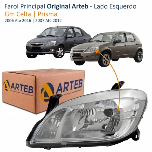 Farol Gm Celta 2006 Até 2016 Prisma 2007 Até 2012 Original Arteb Máscara Cromada Lado Esquerdo Motorista