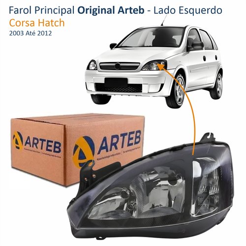 Farol GM Corsa Hatch 2003 Até 2012 Original Arteb Foco Duplo Máscara Negra Pisca Liso Lado Esquerdo Motorista