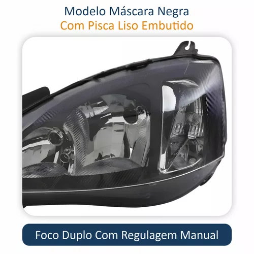Farol GM Corsa Sedan 2003 Até 2012  Foco Duplo Máscara Negra Pisca Liso Lado Esquerdo Motorista