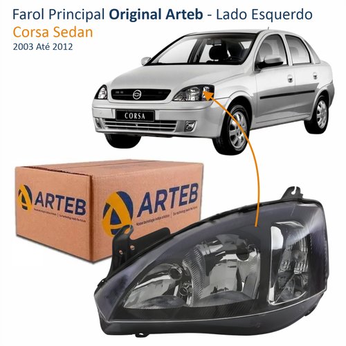 Farol GM Corsa Sedan 2003 Até 2012 Original Arteb Foco Duplo Máscara Negra Pisca Liso Lado Esquerdo Motorista