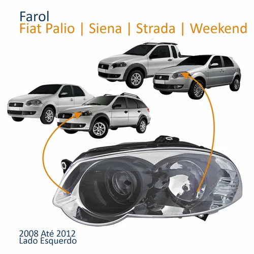 Farol Principal Fiat Palio Siena Strada Weekend 2008 Até 2012 Máscara Cromada Anel Negro Lado Esquerdo Motorista