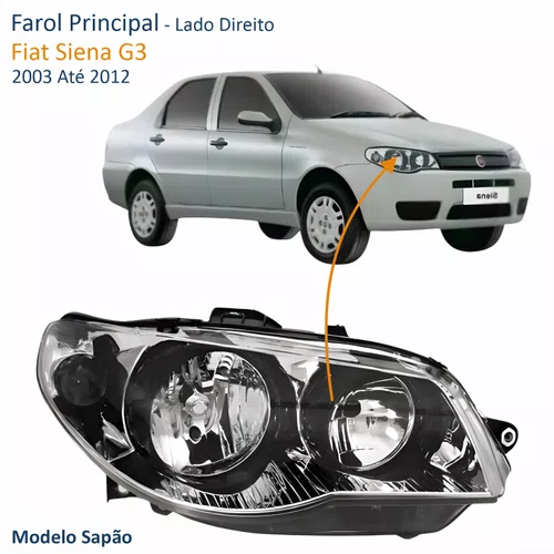 Farol Principal Fiat Siena 2004 Até 2007 Máscara Cromada Anel Negro Lado Direito Passageiro