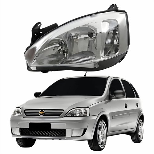 Farol Principal Gm Corsa Hatch 2003 Até 2012 Pisca Raiado Máscara Cromada Lado Esquerdo Motorista