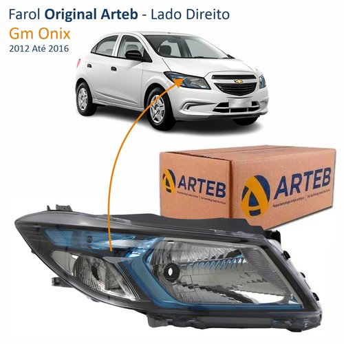 Farol Principal Gm Onix 2012 Até 2016 Original Arteb Máscara Negra Friso Azul Lado Direito Passageiro