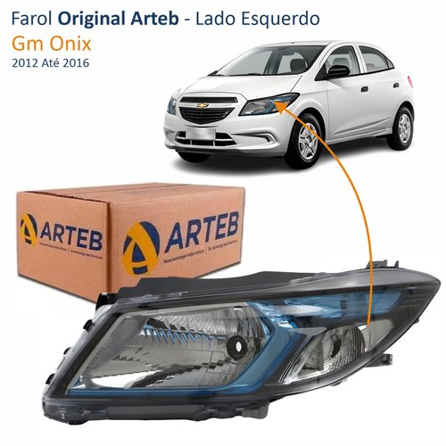 Farol Principal Gm Onix 2012 Até 2016 Original Arteb Máscara Negra Friso Azul Lado Esquerdo Motorista