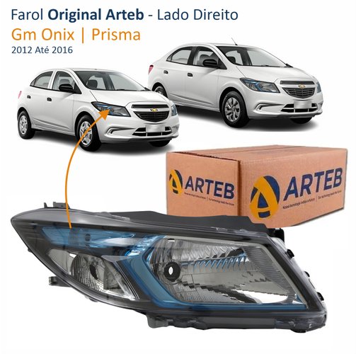 Farol Principal Gm Onix Prisma 2012 Até 2016 Original Arteb Máscara Negra Friso Azul Lado Direito Passageiro