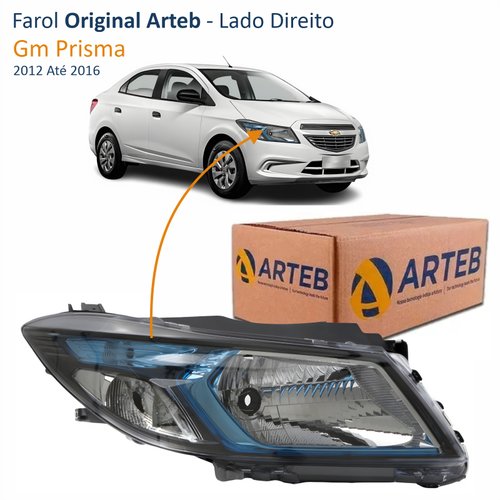 Farol Principal Gm Prisma 2012 Até 2016 Original Arteb Máscara Negra Friso Azul Lado Direito Passageiro