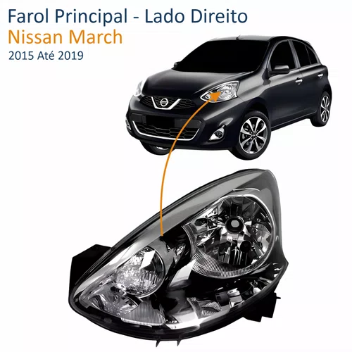 Farol Principal Nissan March 2015 2016 2017 2018 2019 Preto Com Cromado Lado Esquerdo Motorista
