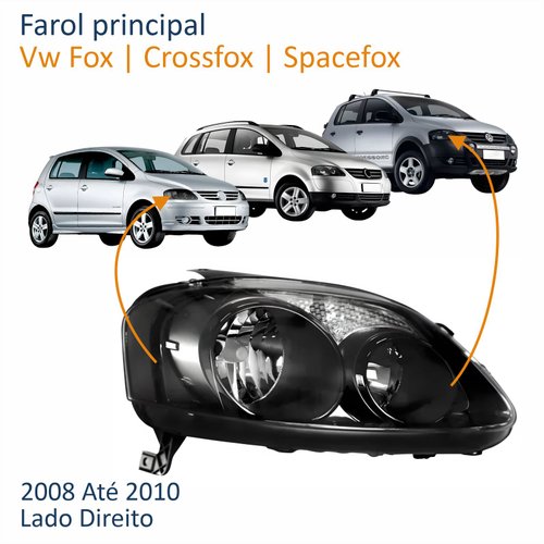 Farol Principal Vw Crossfox Fox Spacefox 2008 2009 2010 Máscara Negra Lado Direito Passageiro
