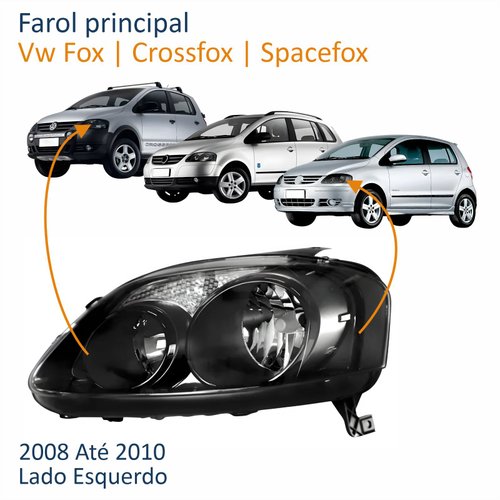 Farol Principal Vw Crossfox Fox Spacefox 2008 2009 2010 Máscara Negra Lado Esquerdo Motorista