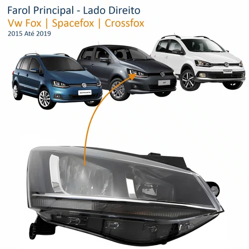 Farol Vw Fox Spacefox Crossfox 2015 Até 2019 ORIGINAL Máscara Negra Friso Cromado Lado Direito Passageiro