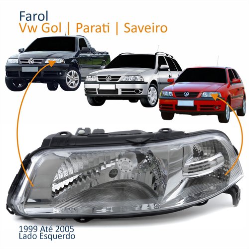 Farol Principal Vw Gol Parati Saveiro 1999 Até 2005 Foco Simples Máscara Cromada Lado Esquerdo Motorista