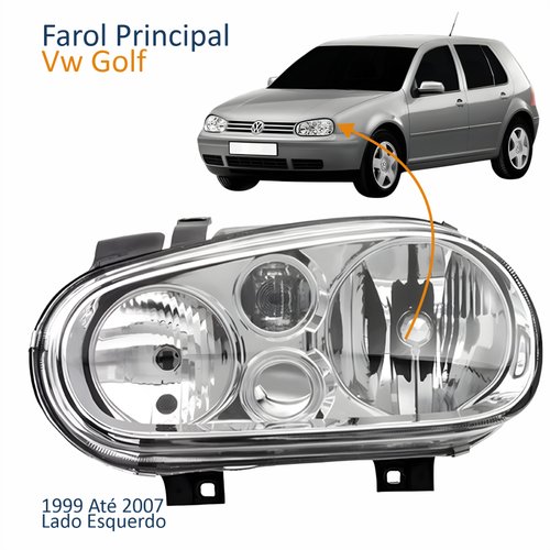 Farol Vw Golf 1999 Até 2007 Sem Auxiliar Cromado Manual Elétrico Lado Esquerdo Motorista