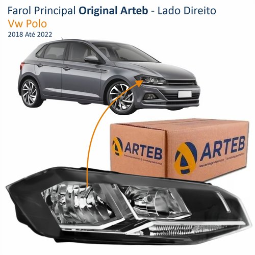 Farol Vw Polo 2018 Até 2022 Original Arteb Máscara Negra Com Friso Cromado Lado Direito Passageiro