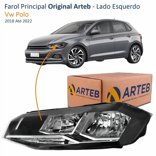 Farol Vw Polo 2018 Até 2022 Original Arteb Máscara Negra Com Friso Cromado Lado Esquerdo Motorista