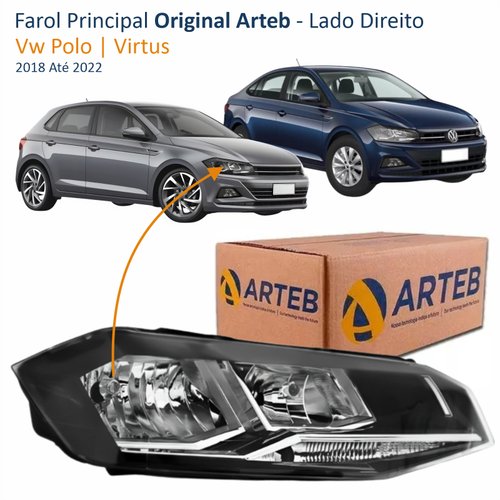 Farol Vw Polo Virtus 2018 Até 2022 Original Arteb Máscara Negra Com Friso Cromado Lado Direito Passageiro