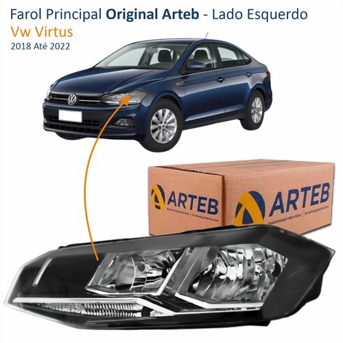 Farol Vw Virtus 2018 Até 2022 Original Arteb Máscara Negra Com Friso Cromado Lado Esquerdo Motorista
