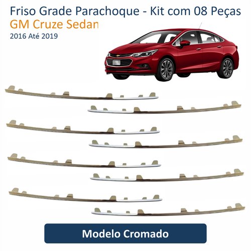 Friso Grade Parachoque GM Cruze Sedan LTZ 2016 Até 2019 Cromado Kit com 8 Peças