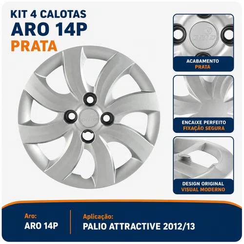 Kit 4 Calotas Aro 14 Prata Palio Attractive 2012 a 2013