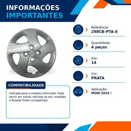 Kit 4 Calotas Aro 14 Prata Fiat Mobi 2019 2020 Grid - Referência: 298CB-Pta-E