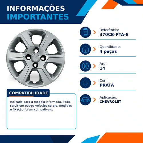 Kit 4 Calotas Aro 14 Prata Chevrolet Montana 2011 2012 2013 2014 2015 2016 2017 2018 2019 2020 Grid - Referência: 370CB-Pta-E