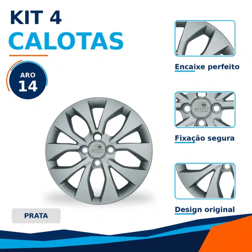 Kit 4 Calotas Aro 14 Prata Chevrolet Onix e Prisma 2017 2018 2019 2020 Ref. 374CB Grid - Referência: 374CB-Pta-E