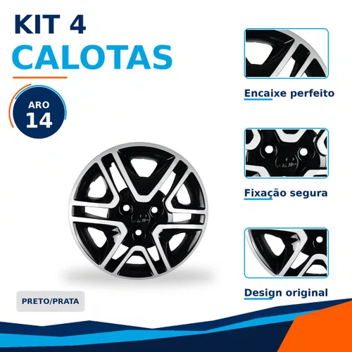 Kit 4 Calotas Aro 14 Preto e Prata Renault Kwid 2018 2019 2020 Grid - Referência: 877CP-Pbp-E